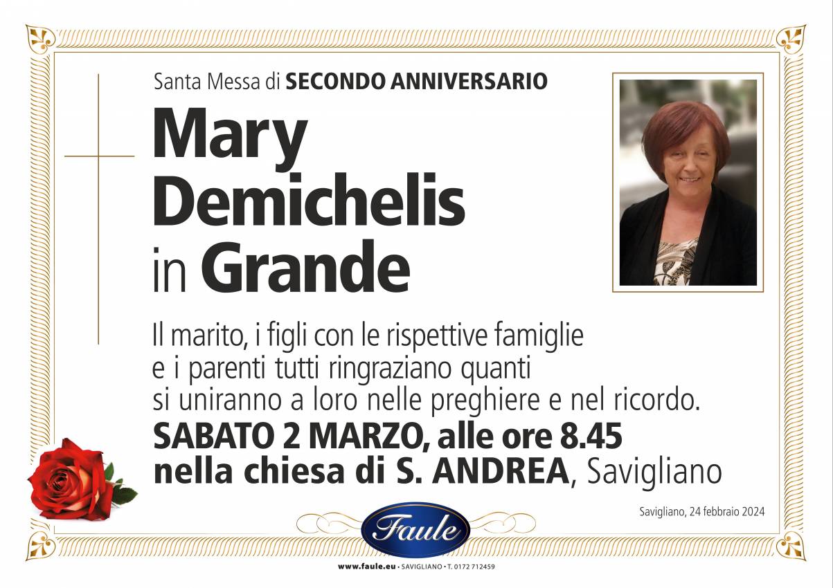 Anniversario Mary Demichelis in Grande Onoranze funebri Faule