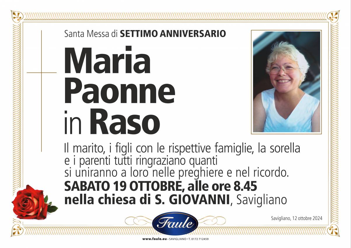 Anniversario Maria Paonne in Raso Onoranze funebri Faule