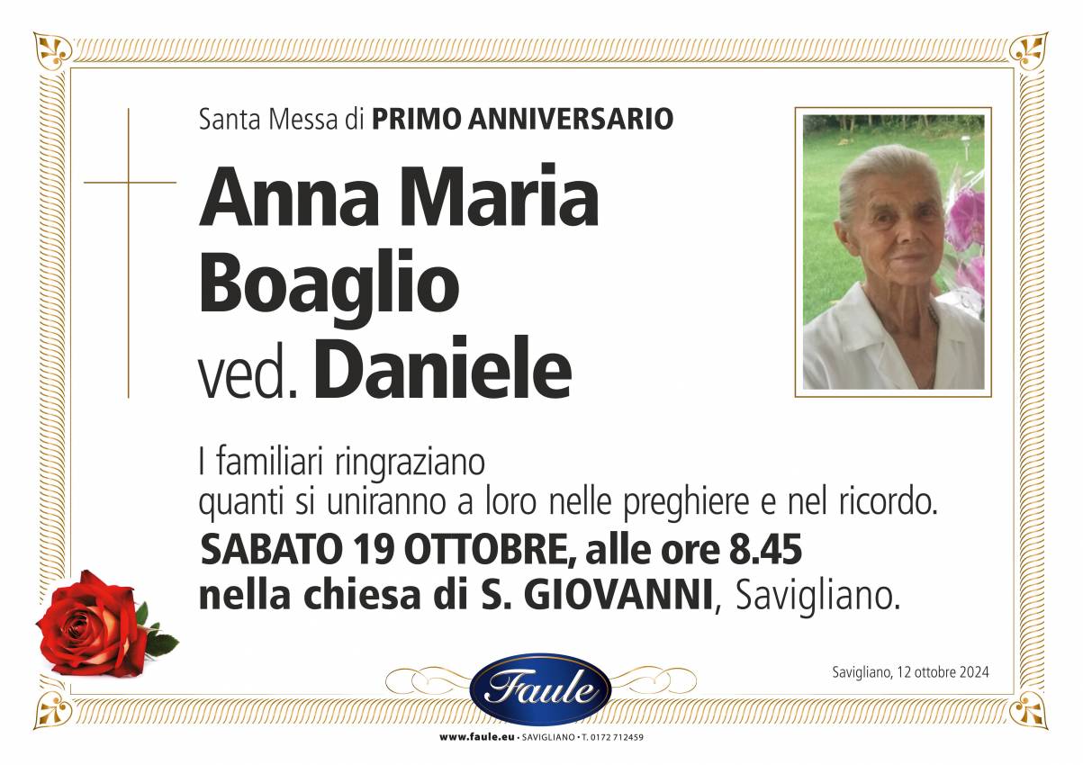 Anniversario Anna Maria Boaglio ved. Daniele Onoranze funebri Faule