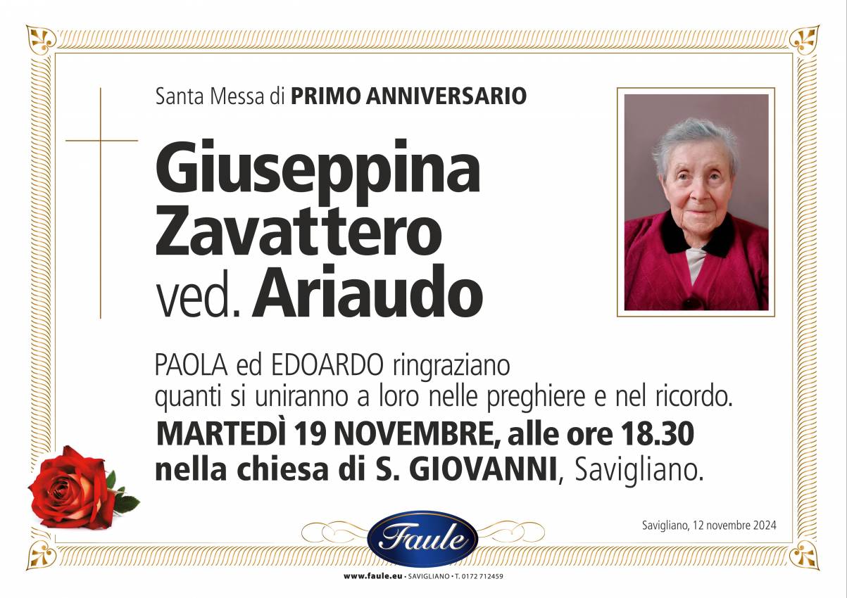 Anniversario Giuseppina Zavattero ved. Ariaudo Onoranze funebri Faule