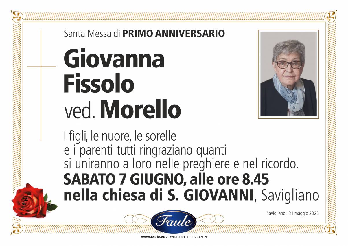 Anniversario Giovanna Fissolo ved. Morello Onoranze funebri Faule