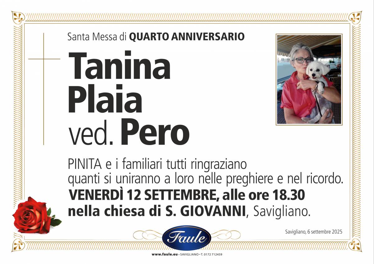 Anniversario Tanina Plaia ved. Pero Onoranze funebri Faule