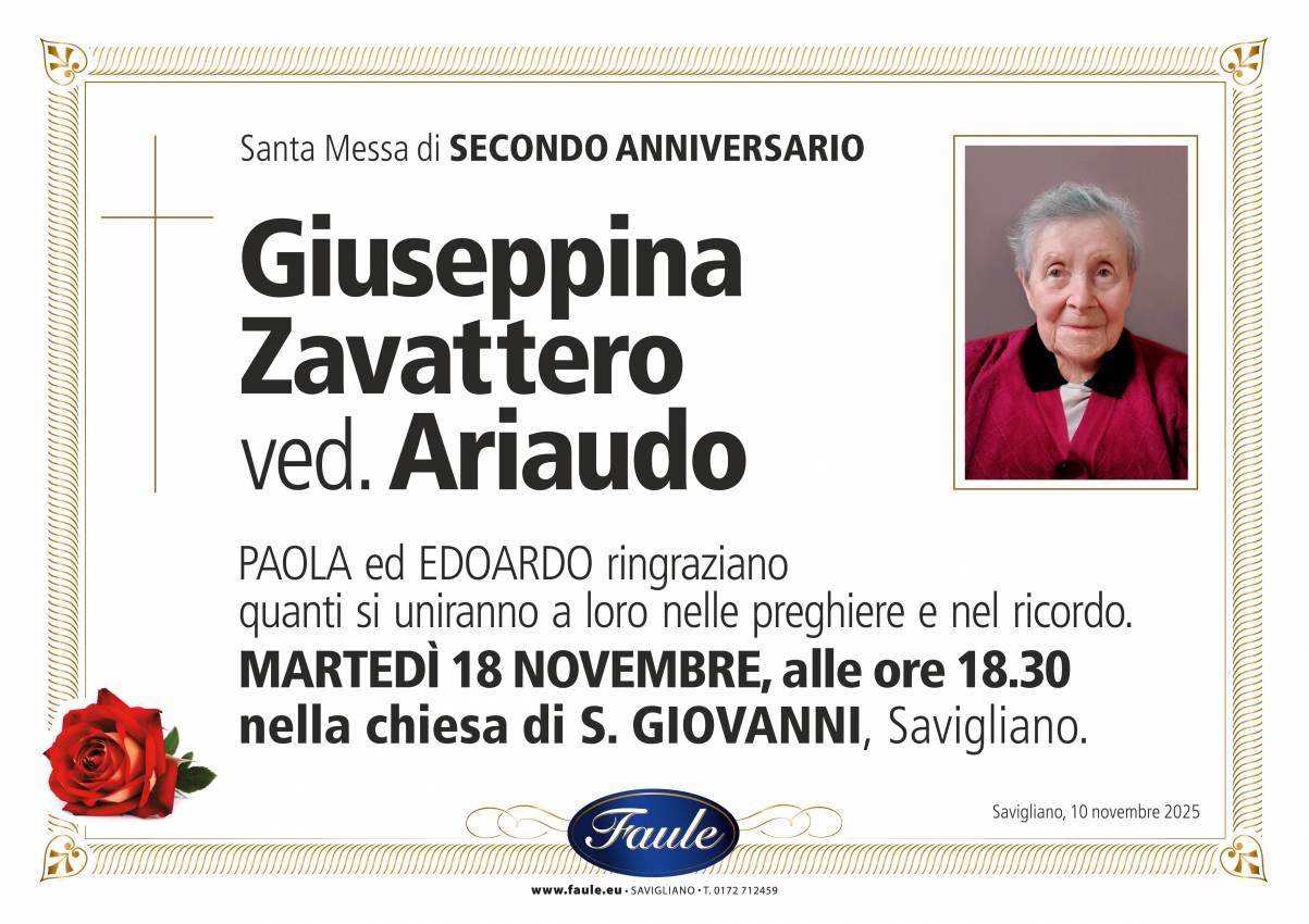 Anniversario Giuseppina Zavattero ved. Ariaudo Onoranze funebri Faule