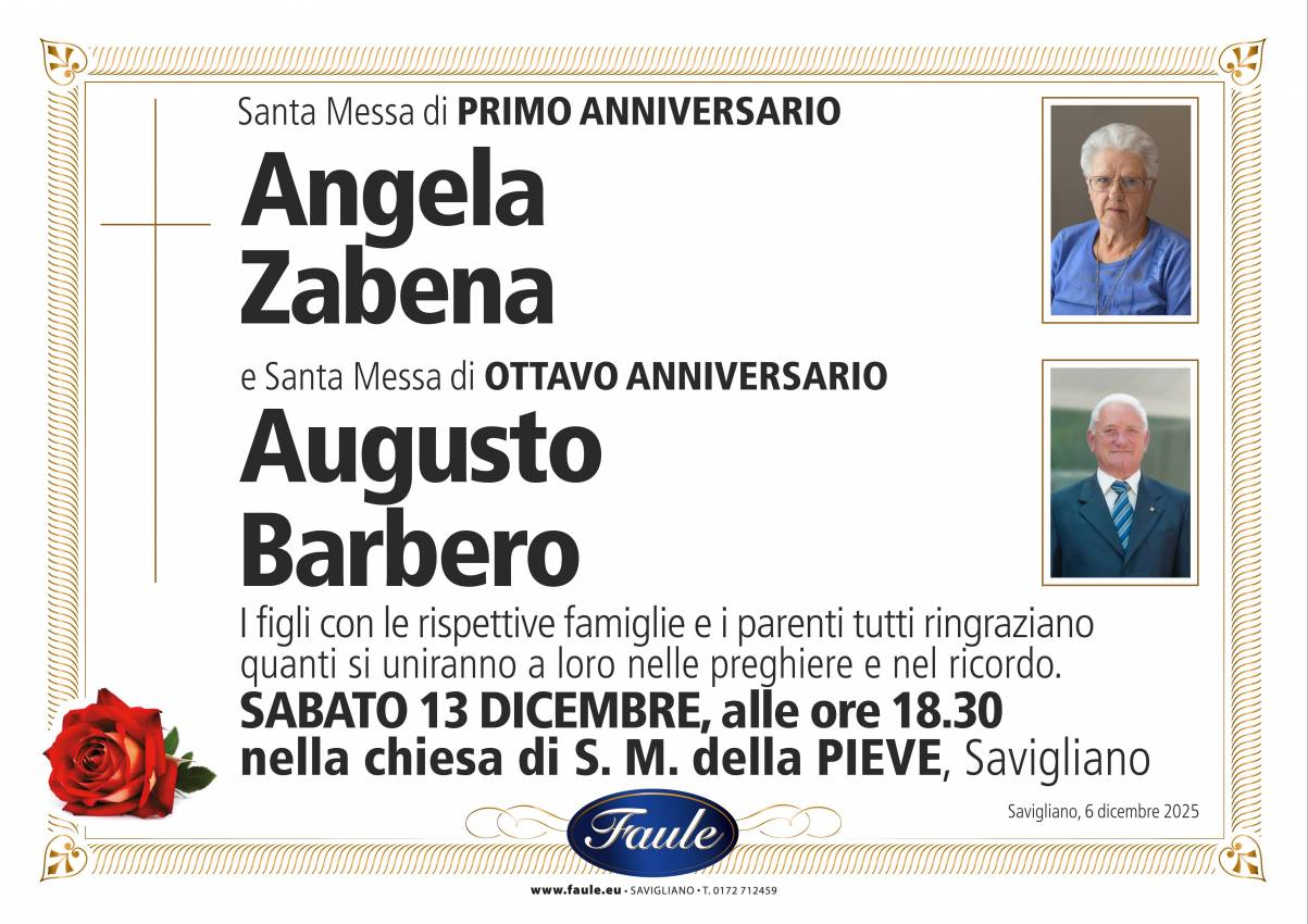 Anniversario Angela Zabena e Augusto Barbero Onoranze funebri Faule