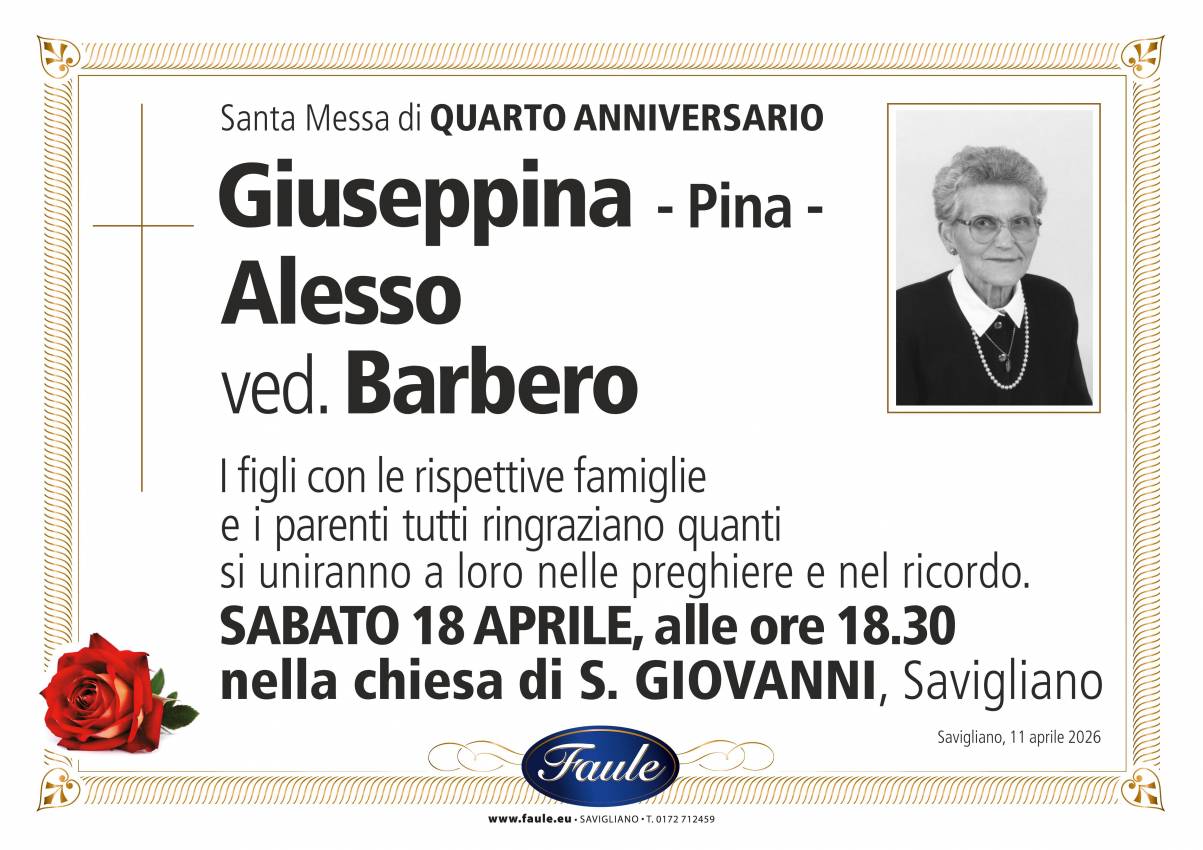 Anniversario Giuseppina Alesso ved. Barbero Onoranze funebri Faule