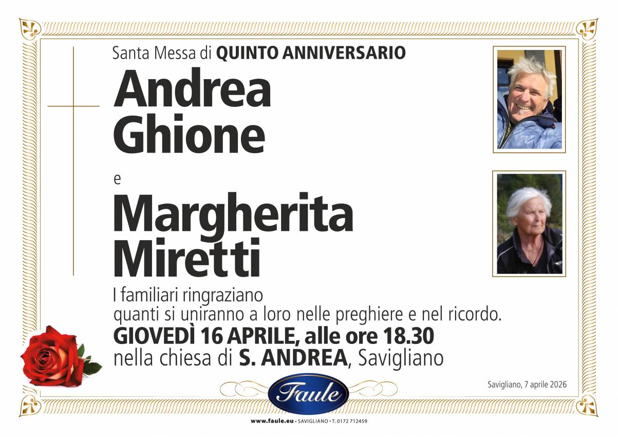 Anniversario Andrea Ghione e Margherita Miretti Onoranze funebri Faule
