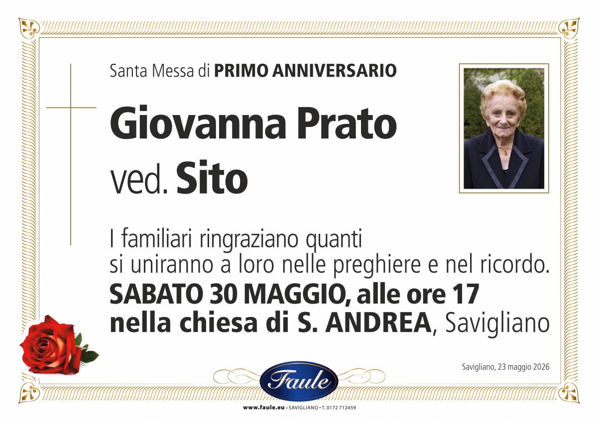 Anniversario Giovanna Prato ved. Sito Onoranze funebri Faule