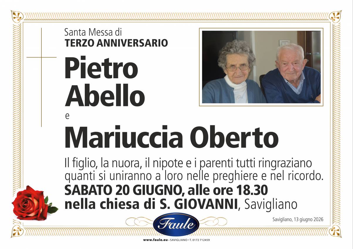 Anniversario Pietro Abello e Mariuccia Oberto Onoranze funebri Faule