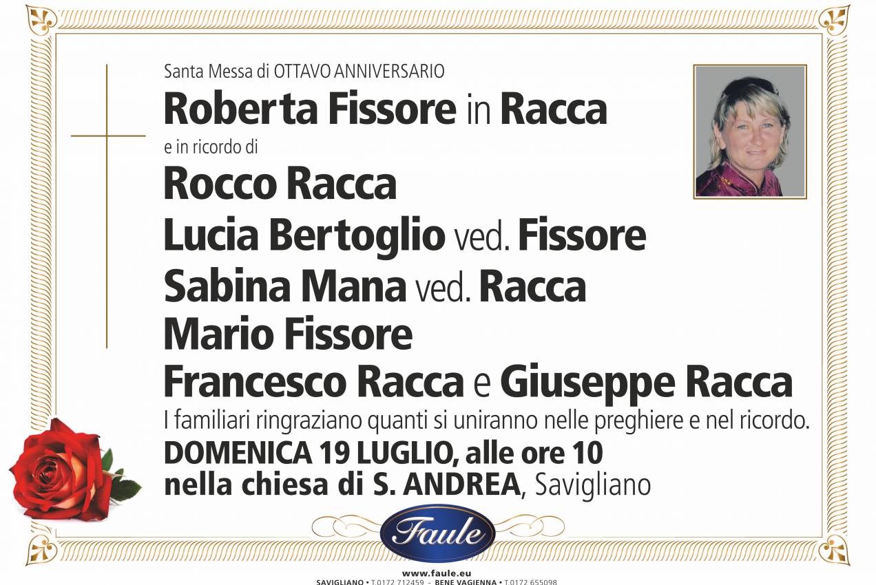 Anniversario Roberta Fissore e fam. Racca Onoranze funebri Faule