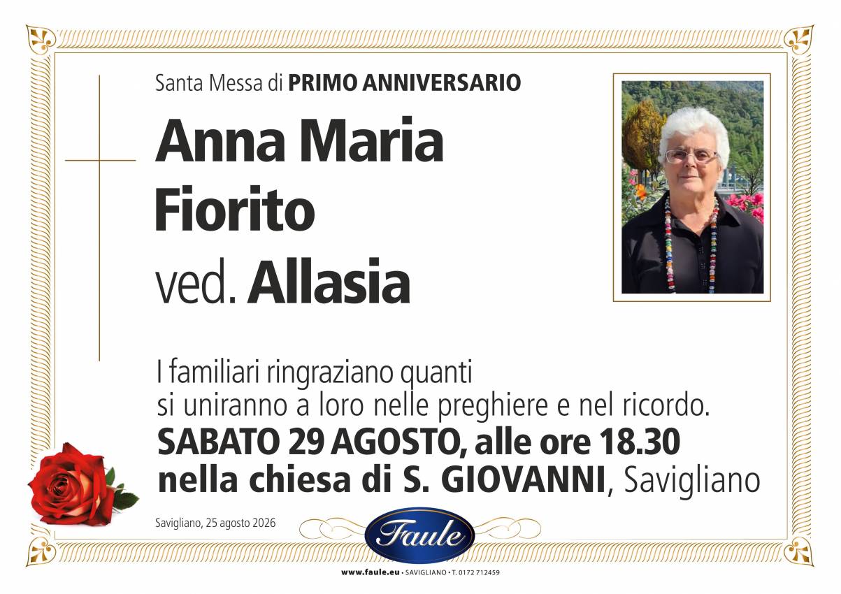 Anniversario Anna Maria Fiorito ved. Allasia Onoranze funebri Faule
