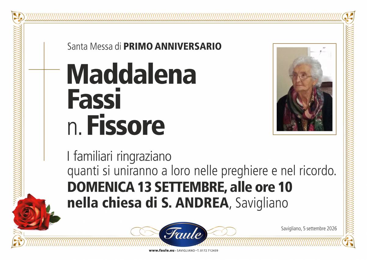 Anniversario Maddalena Fissore ved. Fassi Onoranze funebri Faule