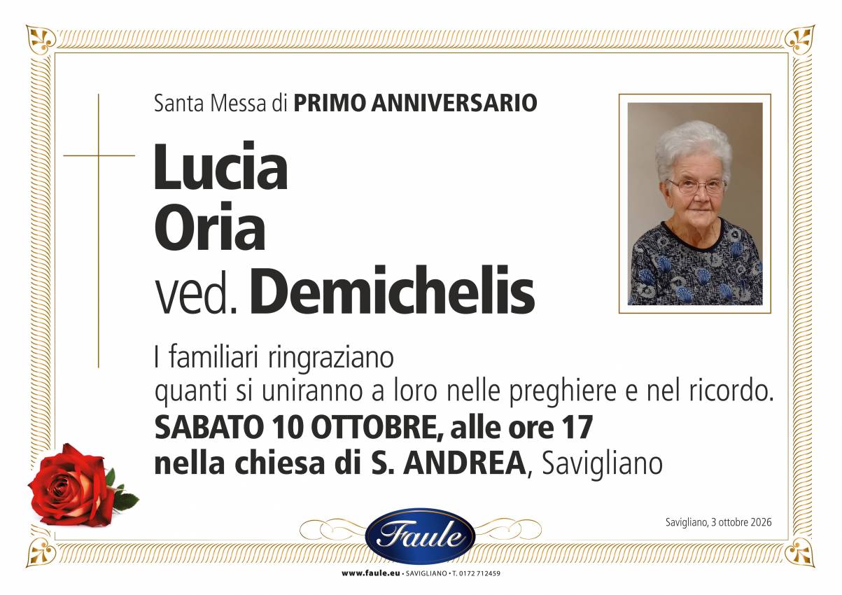 Anniversario Lucia Oria ved. Demichelis Onoranze funebri Faule