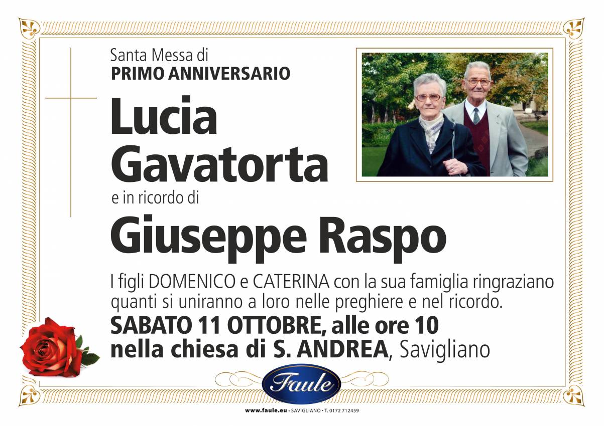 Anniversario Lucia Gavatorta e Giuseppe Raspo Onoranze funebri Faule