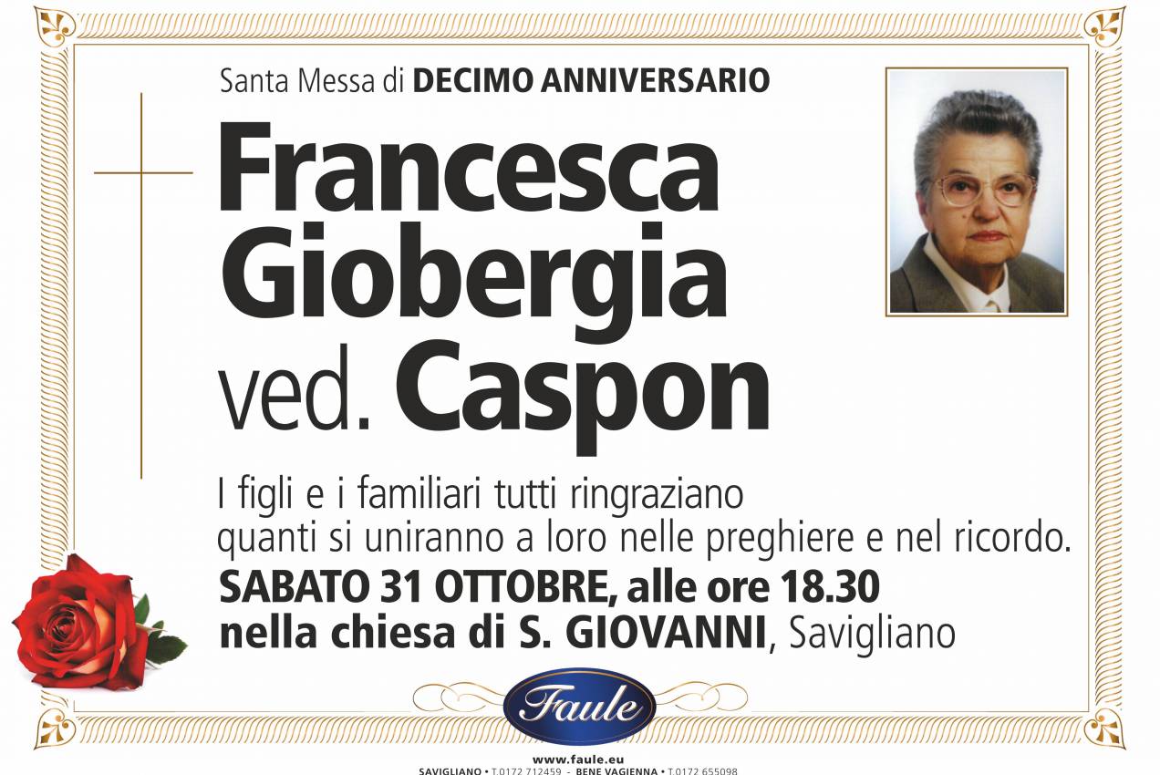 Anniversario Francesca Giobergia ved. Caspon Onoranze funebri Faule