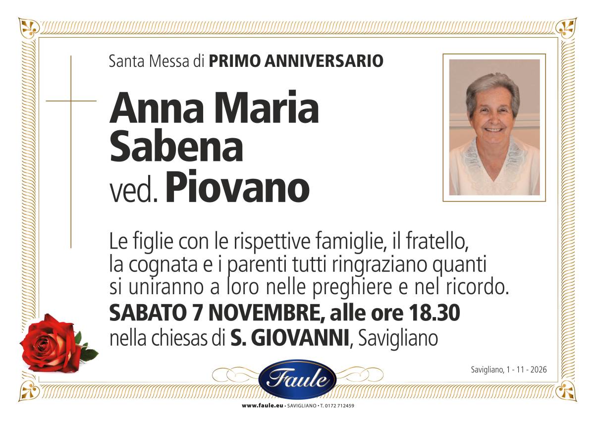 Anniversario Anna Maria Sabena ved. Piovano Onoranze funebri Faule