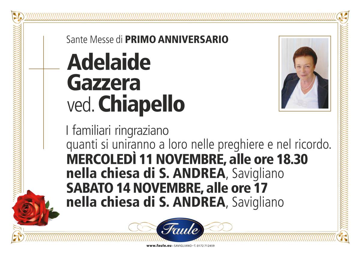 Anniversario Adelaide Gazzera ved. Chiapello Onoranze funebri Faule