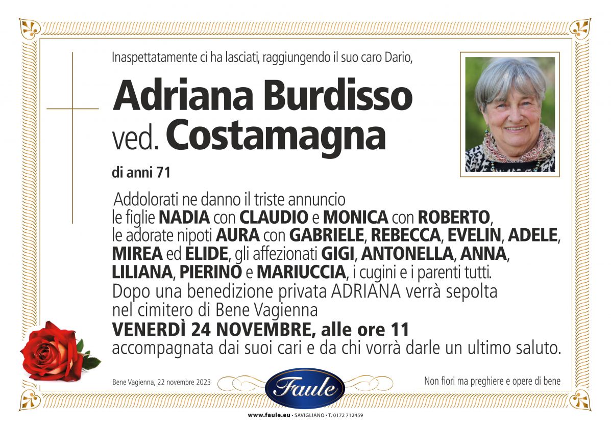 Lutto Adriana Burdisso ved. Costamagna Onoranze funebri Faule
