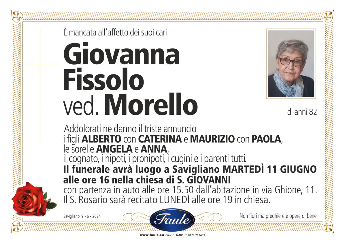 Lutto Giovanna Fissolo ved. Morello Onoranze funebri Faule