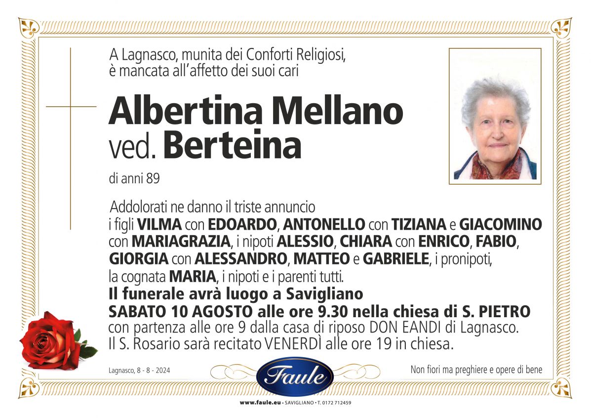 Lutto Albertina Mellano ved. Berteina Onoranze funebri Faule