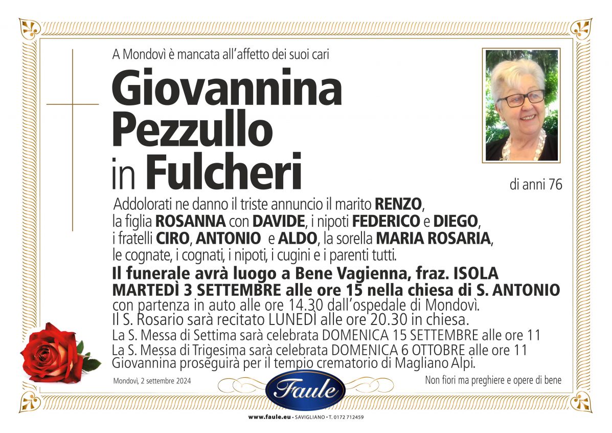 Lutto Giovannina Pezzullo in Fulcheri Onoranze funebri Faule