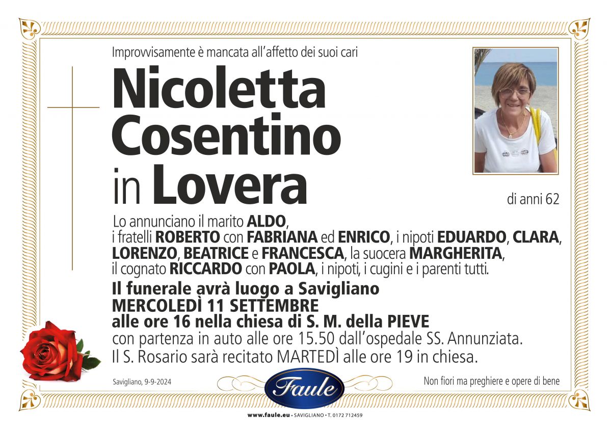 Lutto Nicoletta Cosentino in Lovera Onoranze funebri Faule