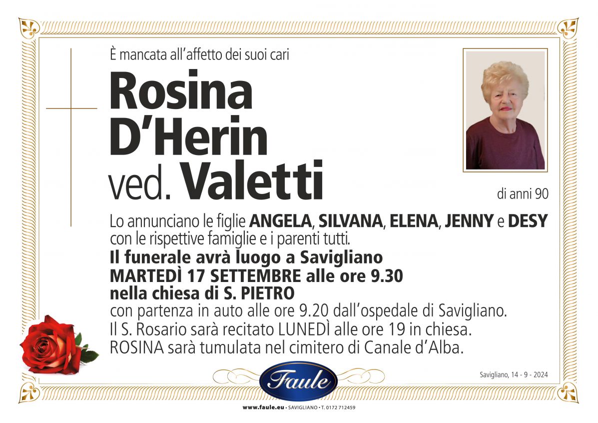 Lutto Rosina D'Herin ved. Valetti Onoranze funebri Faule