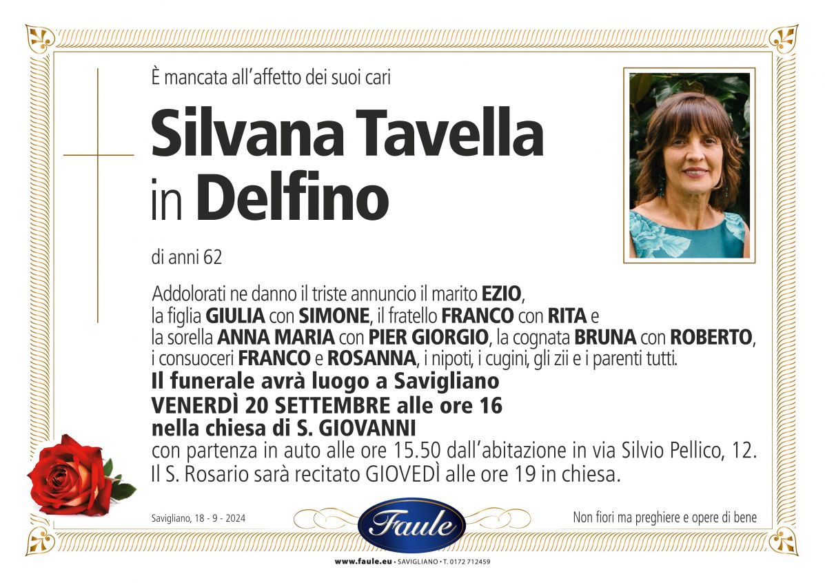 Lutto Silvana Tavella in Delfino Onoranze funebri Faule