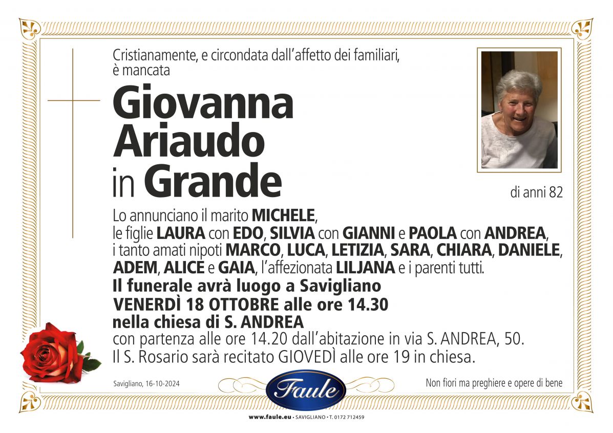 Lutto Giovanna Ariaudo in Grande Onoranze funebri Faule