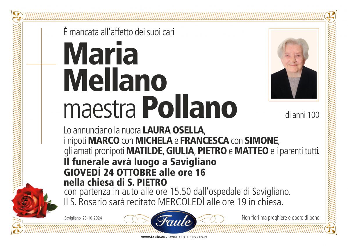 Lutto Maria Margherita Mellano ved. Pollano Onoranze funebri Faule