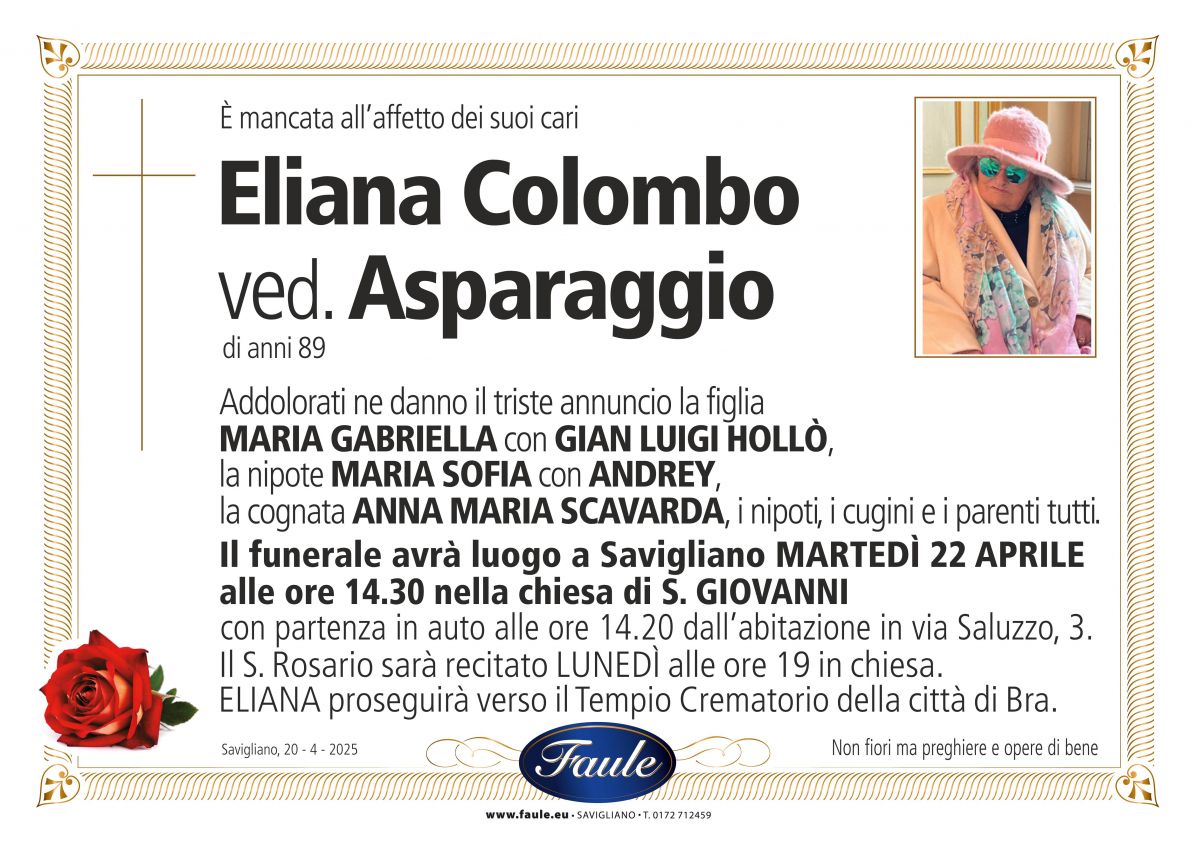 Lutto Eliana Colombo ved. Asparaggio Onoranze funebri Faule
