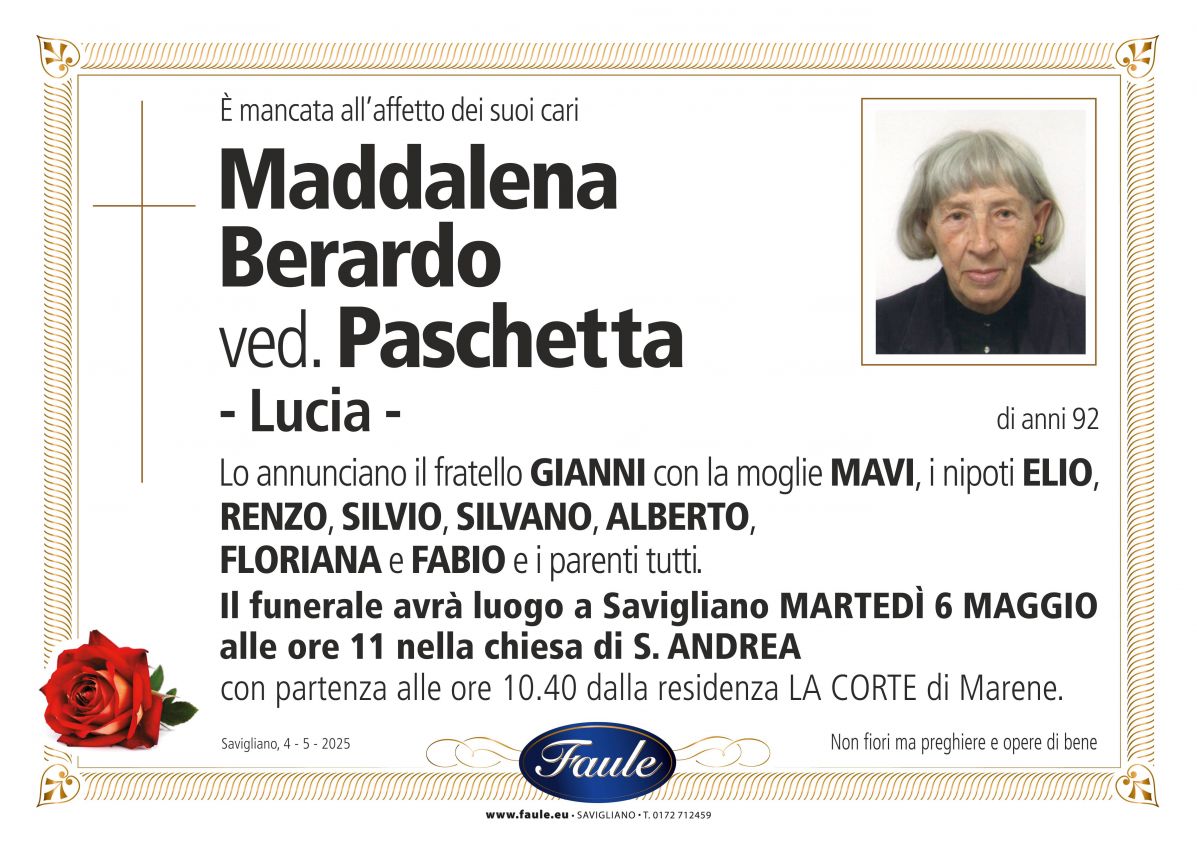 Lutto Maddalena Berardo ved. Paschetta Onoranze funebri Faule