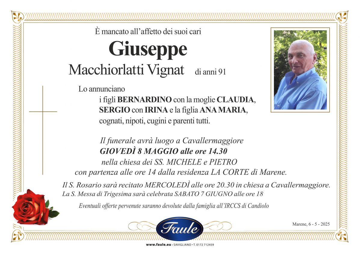 Lutto Giuseppe Macchiorlatti Vignat Onoranze funebri Faule