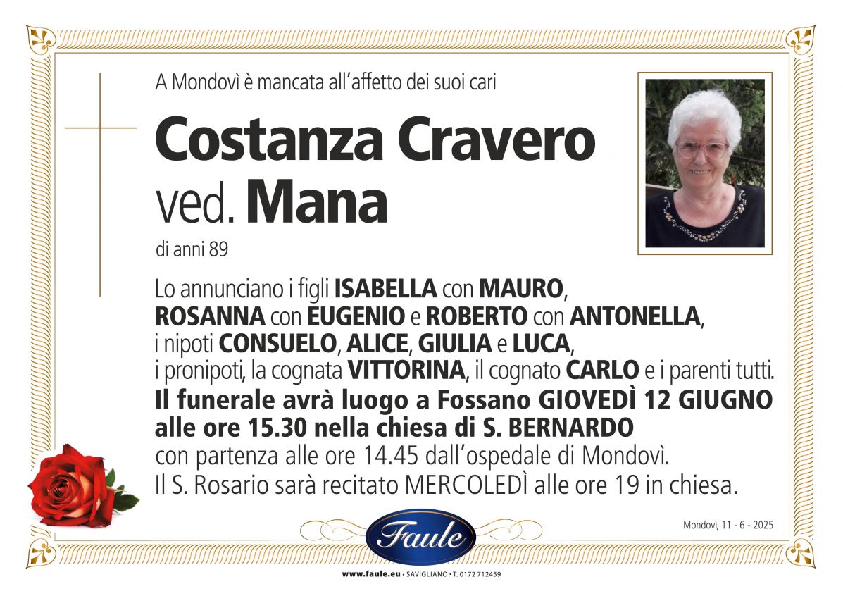 Lutto Costanza Cravero ved. Mana Onoranze funebri Faule