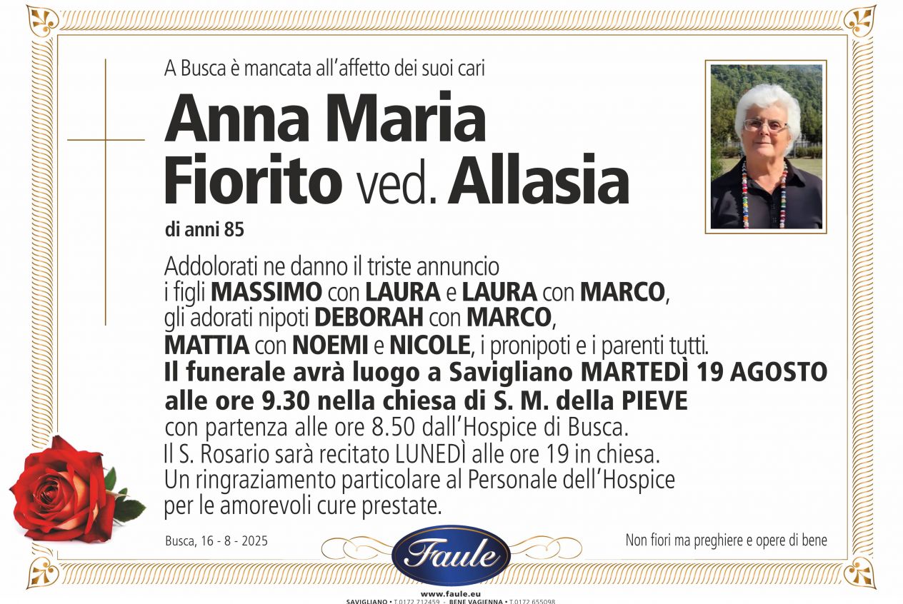 Lutto Anna Maria Fiorito ved. Allasia Onoranze funebri Faule