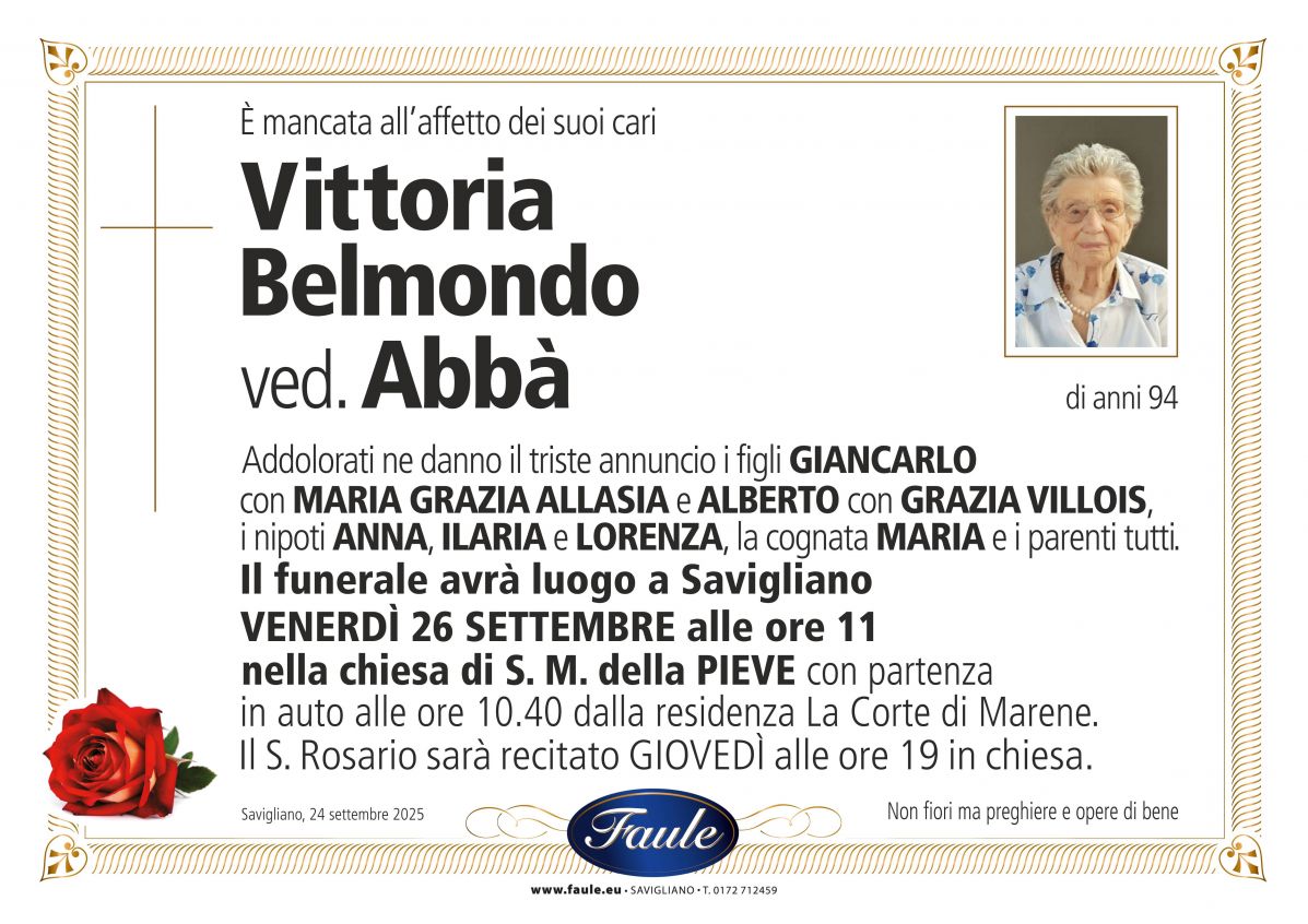 Lutto Vittoria Belmondo ved. Abbà Onoranze funebri Faule