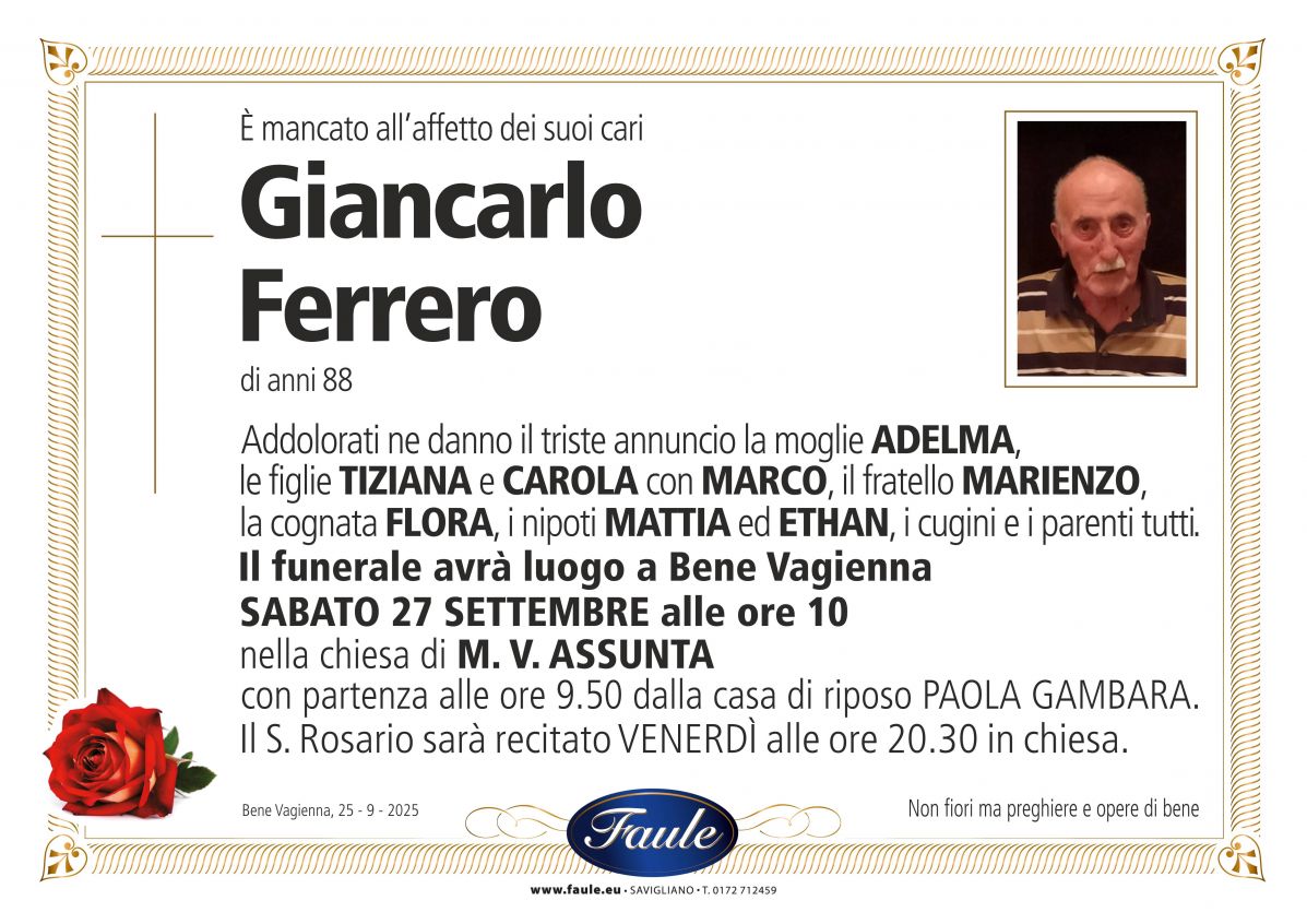 Lutto Giancarlo Ferrero Onoranze funebri Faule