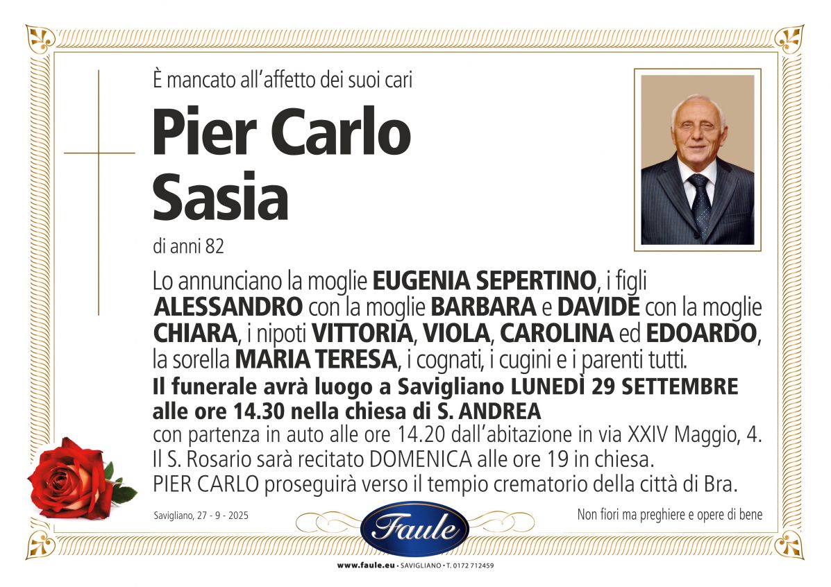 Lutto Pier Carlo Sasia Onoranze funebri Faule