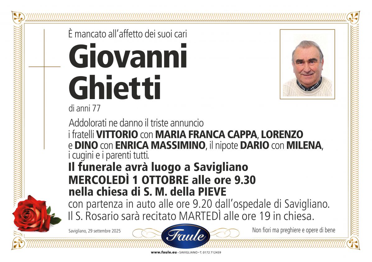 Lutto Giovanni Ghietti Onoranze funebri Faule