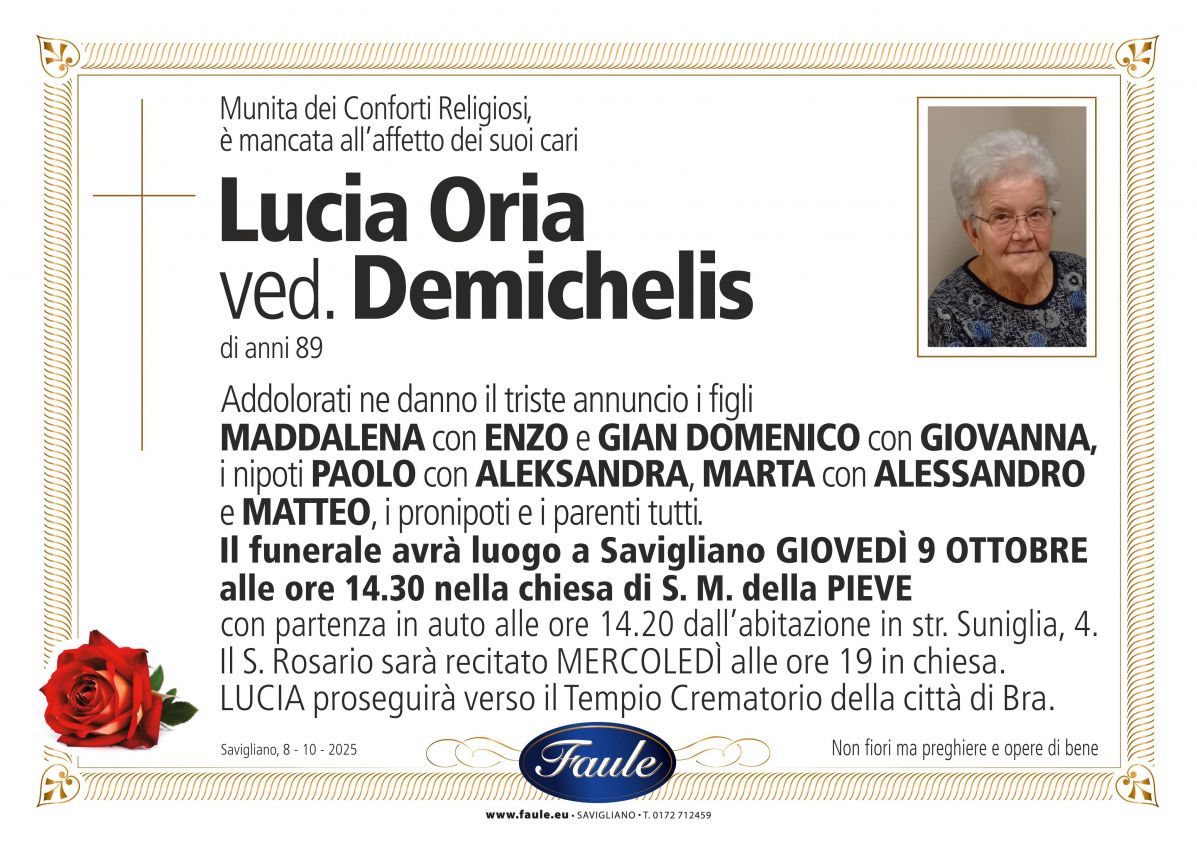 Lutto Lucia Oria ved. Demichelis Onoranze funebri Faule