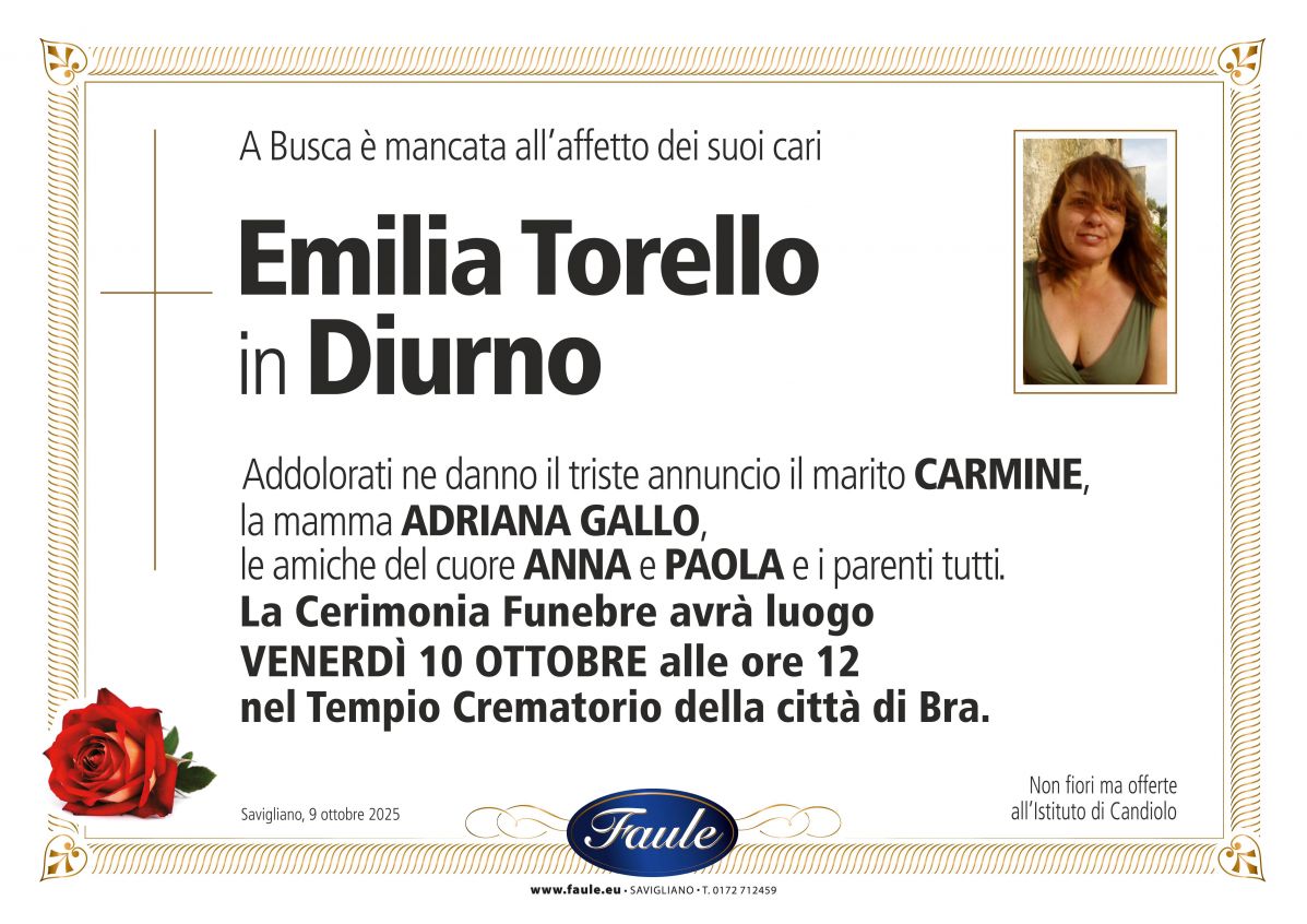 Lutto Emilia Torello in Diurno Onoranze funebri Faule