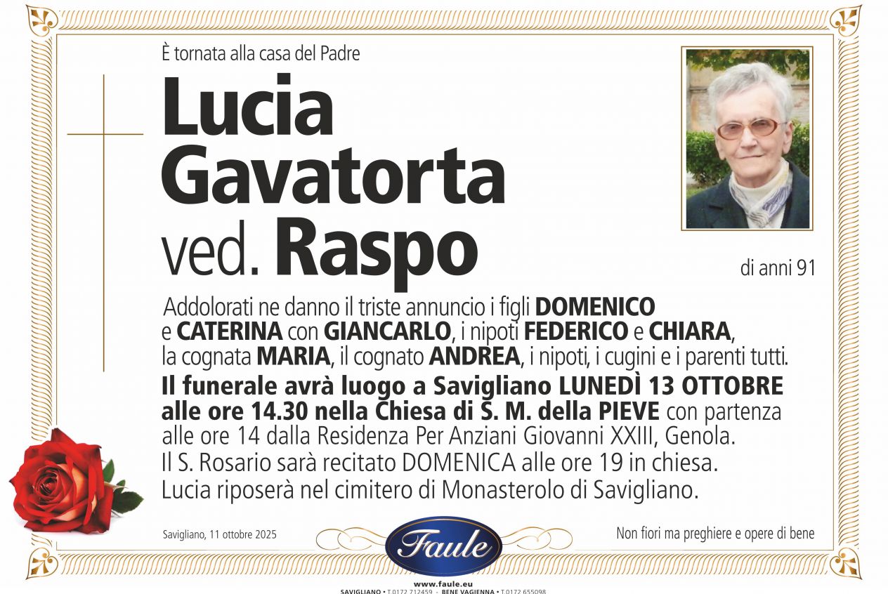 Lutto Lucia Gavatorta ved. Raspo Onoranze funebri Faule