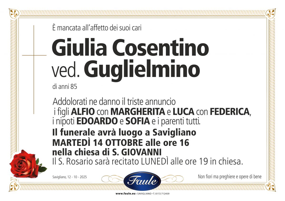 Lutto Giulia Cosentino ved. Guglielmino Onoranze funebri Faule