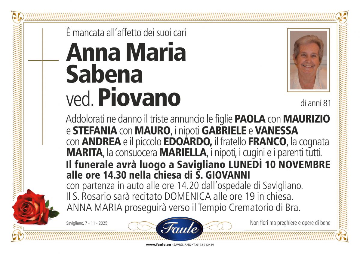 Lutto Anna Maria Sabena ved. Piovano Onoranze funebri Faule