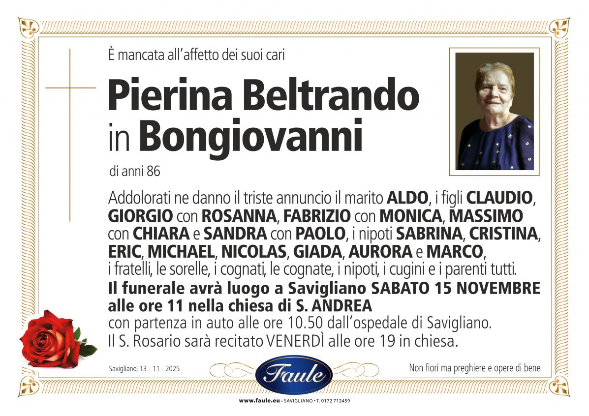 Lutto Pierina Beltrando in Bongiovanni Onoranze funebri Faule