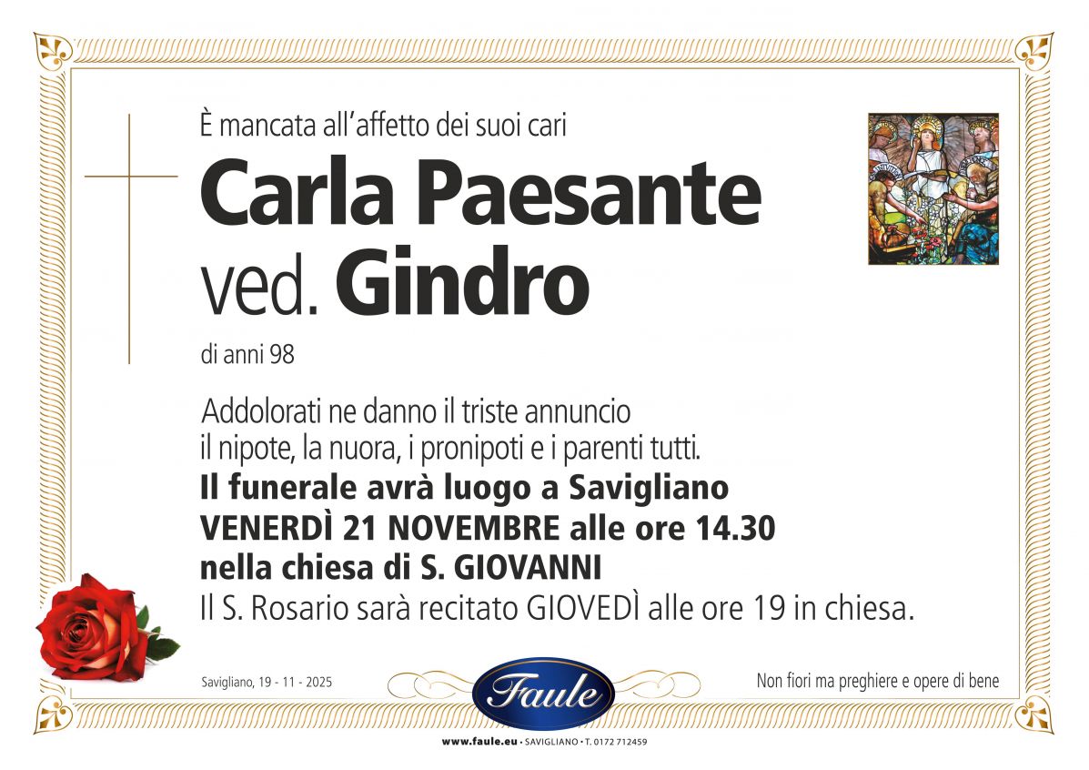 Lutto Carla Paesante in Gindro Onoranze funebri Faule
