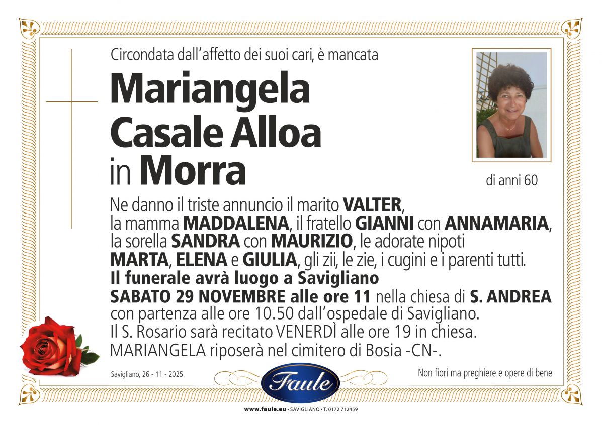 Lutto Mariangela Casale Alloa in Morra Onoranze funebri Faule