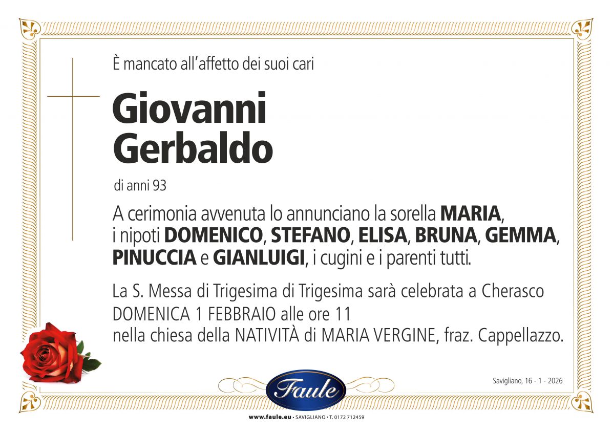Lutto Giovanni Gerbaldo Onoranze funebri Faule