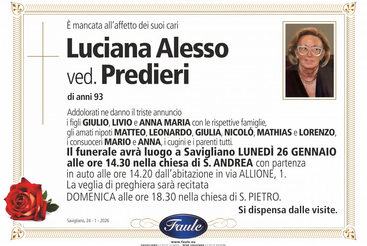 Lutto Luciana Alesso ved. Predieri Onoranze funebri Faule