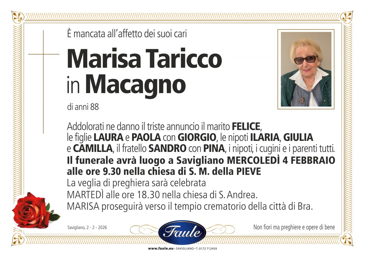 Lutto Marisa Taricco in Macagno Onoranze funebri Faule