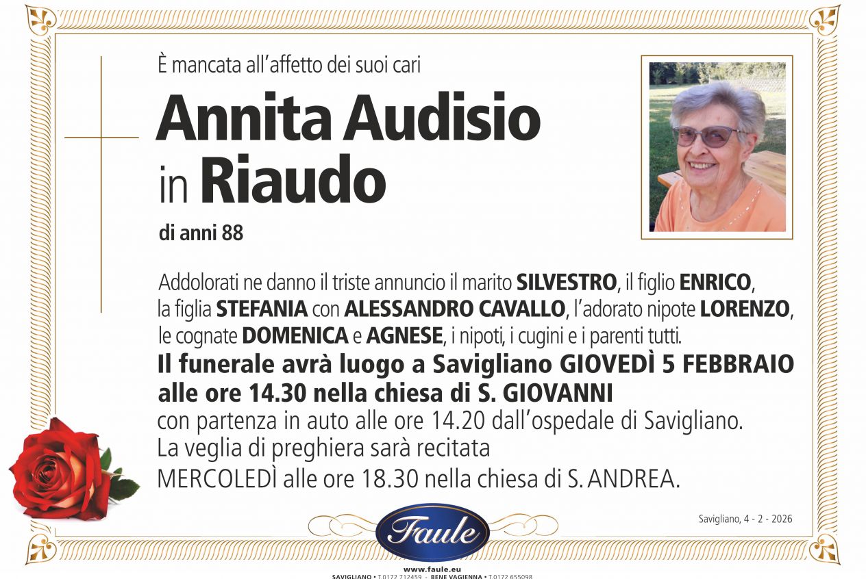 Lutto Annita Audisio in Riaudo Onoranze funebri Faule